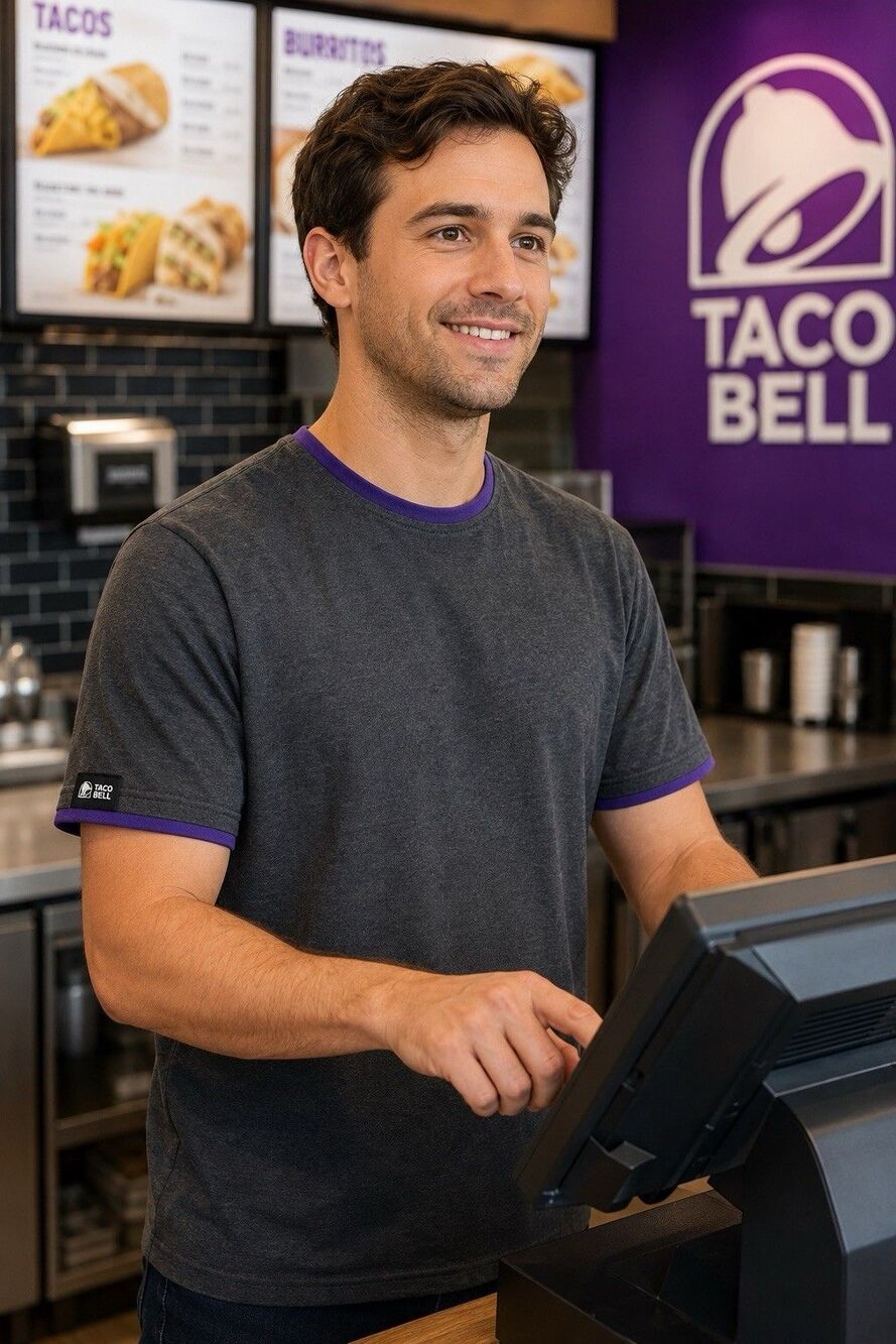 Taco Bell Employee Uniform T-Shirt Men’s Med Gray Purple Crew Shirt Emoji Text